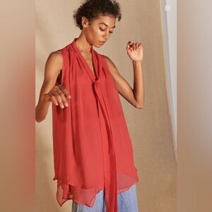 Kal Rieman Women's Rust‎ 100% Silk V Neck Tie Accent Sleeveless Sheer Top Size 2